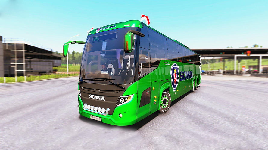 Green Scania Touring Bus in Euro Truck Simulator 2 Gameplay Scene HD wallpaper
