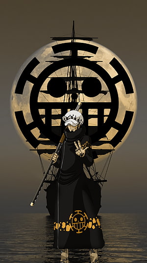 Trafalgar Law from One Piece Standing Before His Ship and Jolly Roger Emblem HD phone wallpaper