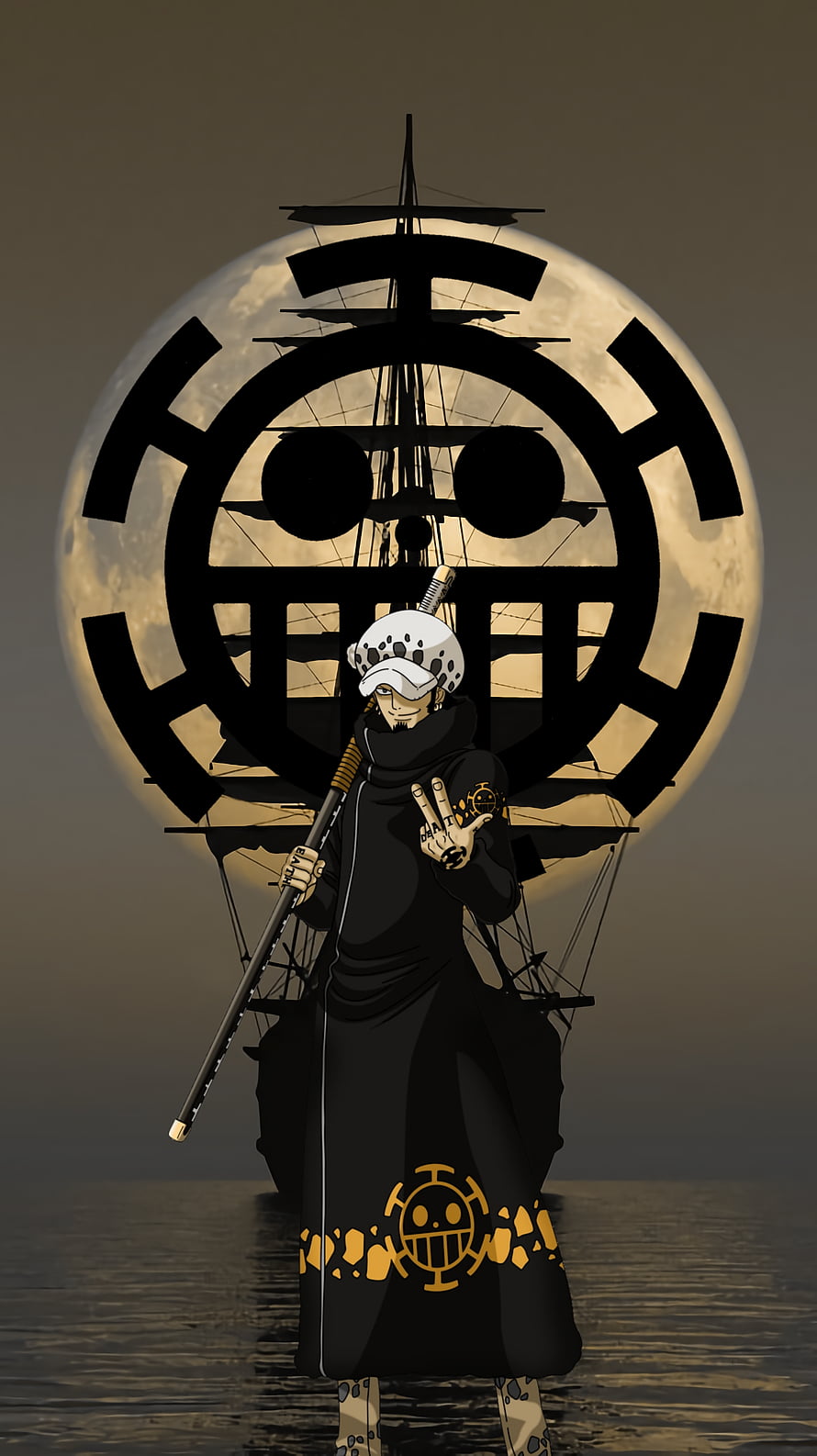 Trafalgar Law from One Piece Standing Before His Ship and Jolly Roger Emblem HD phone wallpaper