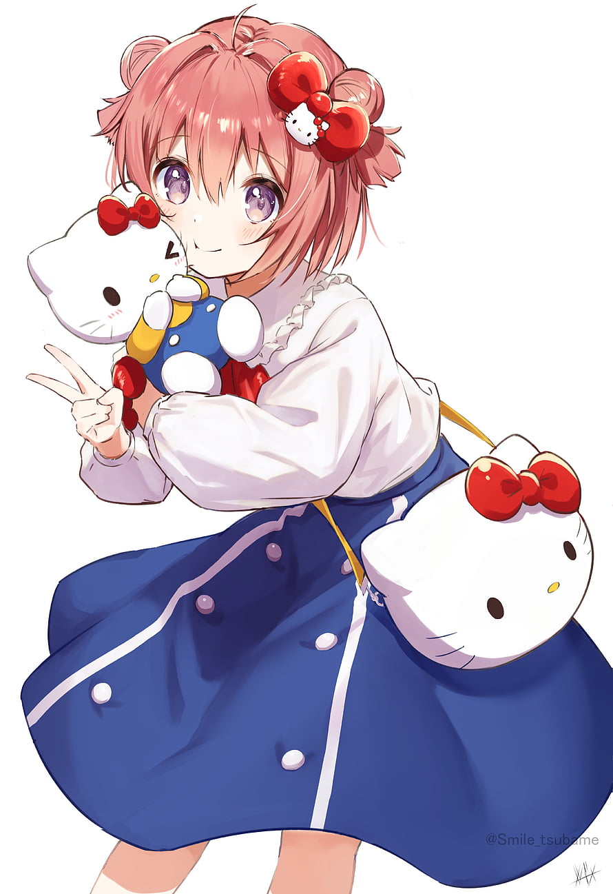 Yuru Yuri Anime Girl in Blue Dress Holding Hello Kitty Plush and Bag HD phone wallpaper