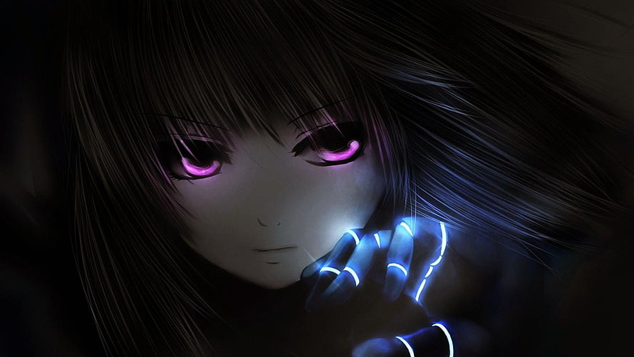 Anime Girl with Glowing Pink Eyes and Blue Neon Hands in Dark Atmosphere HD wallpaper