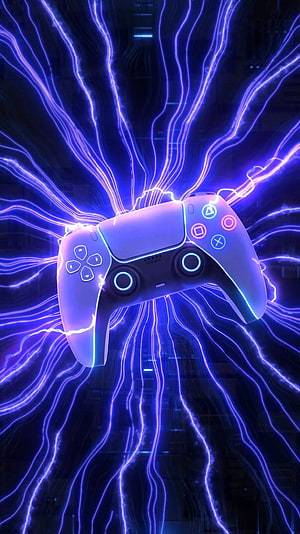 PlayStation 5 DualSense Controller Surrounded by Electric Blue Neon Energy Waves HD phone wallpaper
