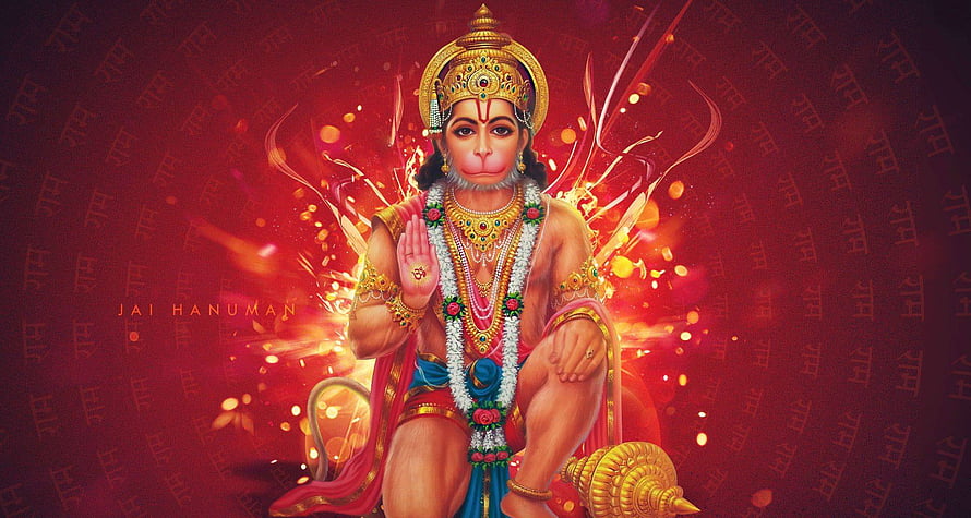 Majestic Hanuman Digital Art with Golden Crown and Sacred Conch Shell HD wallpaper