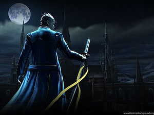 Vergil from Devil May Cry standing before a gothic cathedral under a full moon HD wallpaper
