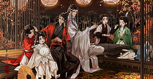 Heaven Official's Blessing Characters in Traditional Hanfu at Nighttime Gathering HD wallpaper
