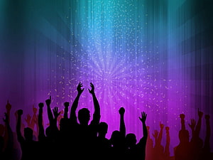 Silhouetted Worship Crowd With Raised Hands Under Vibrant Stage Lights HD wallpaper