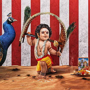 Baby Lord Murugan with Vel and Peacock on Red and White Striped Background HD phone wallpaper