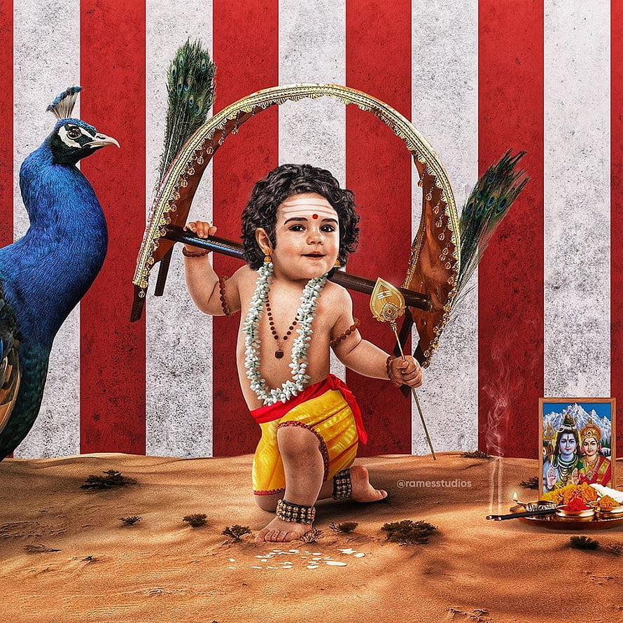 Baby Lord Murugan with Vel and Peacock on Red and White Striped Background HD phone wallpaper