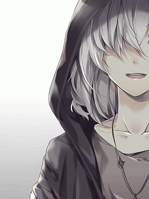 Silver-Haired Anime Boy in Dark Hoodie with Mysterious Smile HD phone wallpaper
