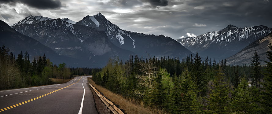 Winding Mountain Road Through Evergreen Forest Under Dramatic Stormy Skies HD wallpaper