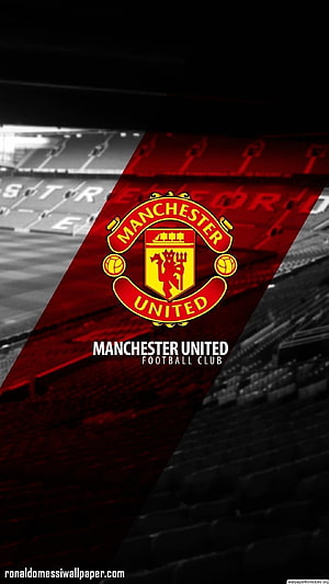 Manchester United Football Club Crest on Old Trafford Stadium Background HD phone wallpaper