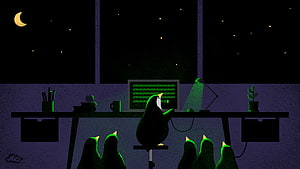 Tux Penguin Working Late at Night in a Linux Terminal Workspace HD wallpaper