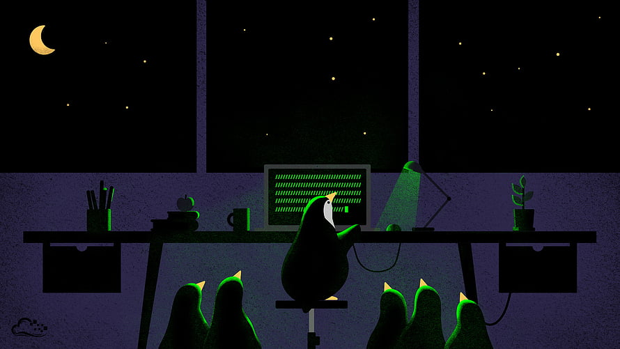Tux Penguin Working Late at Night in a Linux Terminal Workspace HD wallpaper