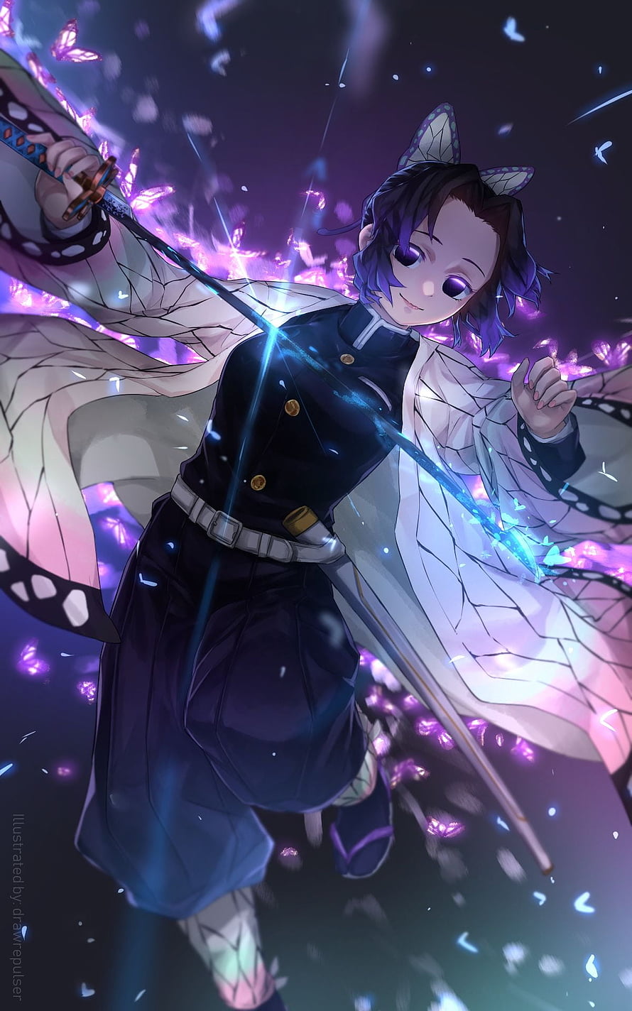 Shinobu Kocho from Demon Slayer wielding a glowing katana surrounded by purple butterflies HD phone wallpaper