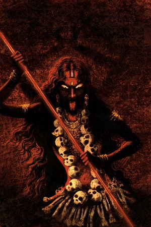 Maa Kali Rudra Roop: Fierce Goddess with Skull Garland and Trishul in Dark Red Art HD phone wallpaper