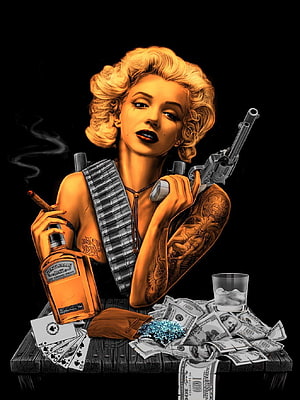Marilyn Monroe Gangster Portrait with Revolver, Whiskey, and Cash HD phone wallpaper