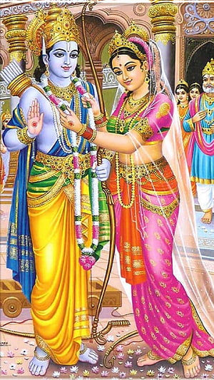 Ram and Sita Wedding Scene in Traditional Indian Art Style HD phone wallpaper
