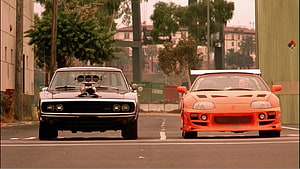 Toyota Supra and Dodge Charger Street Racing Scene from Fast and Furious HD wallpaper