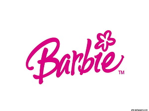 Barbie Brand Logo in Vibrant Pink Cursive Script with Flower Accent on White Background HD wallpaper