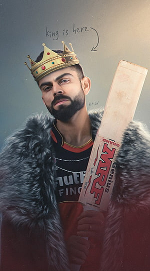 Virat Kohli Digital Art Portrait Wearing Crown and Holding Cricket Bat HD phone wallpaper