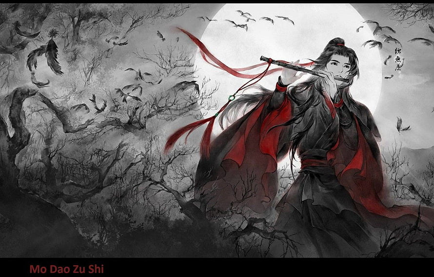 Mo Dao Zu Shi Character Playing Dizi Under Full Moon in Ink Wash Style HD wallpaper
