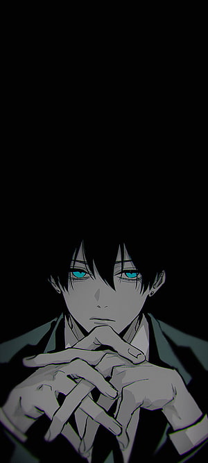 Aki Hayakawa from Chainsaw Man in a dark moody portrait with glowing blue eyes and clasped hands, Aki Black background, amoled, art, samsung, chainsaw, manga, anime HD phone wallpaper