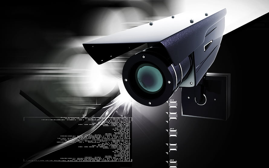 Modern Security Camera with Digital Data Overlay and Dramatic Lighting HD wallpaper