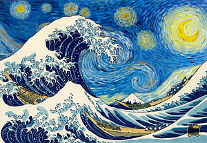 The Great Wave off Kanagawa Meets Van Gogh's Starry Night in a Surreal Art Fusion HD wallpaper