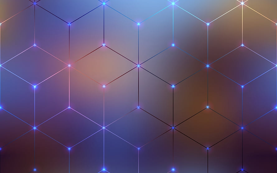 Abstract Geometric Cube Grid with Glowing Blue and Purple Neon Nodes on Gradient Background HD wallpaper