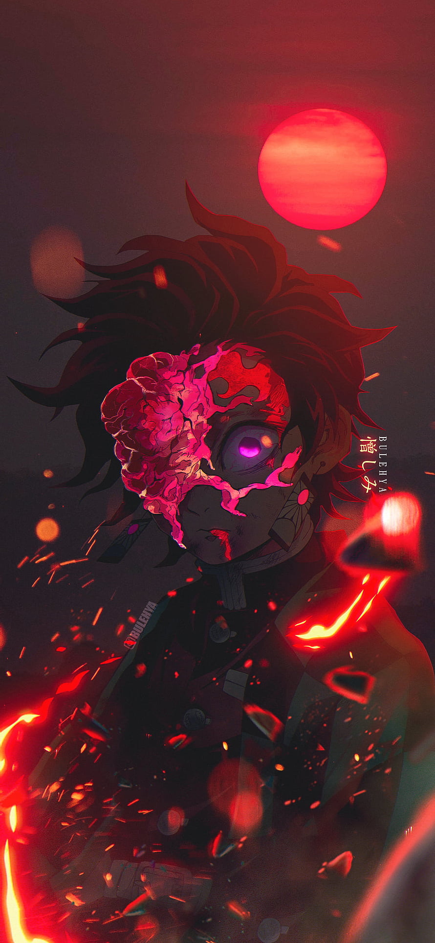 Demon Slayer Tanjiro Kamado with Flame Breathing Aura and Red Moon HD phone wallpaper