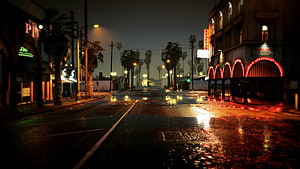 Grand Theft Auto V Rainy Night Street Scene with Neon Lights and Palm Trees HD wallpaper