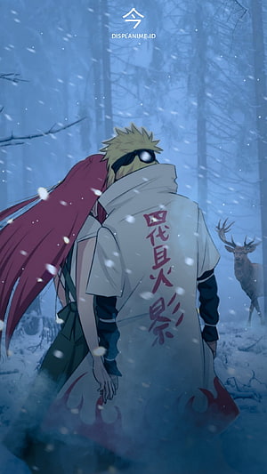 Minato and Kushina Walking Through Snowy Forest in Naruto Anime Art HD phone wallpaper