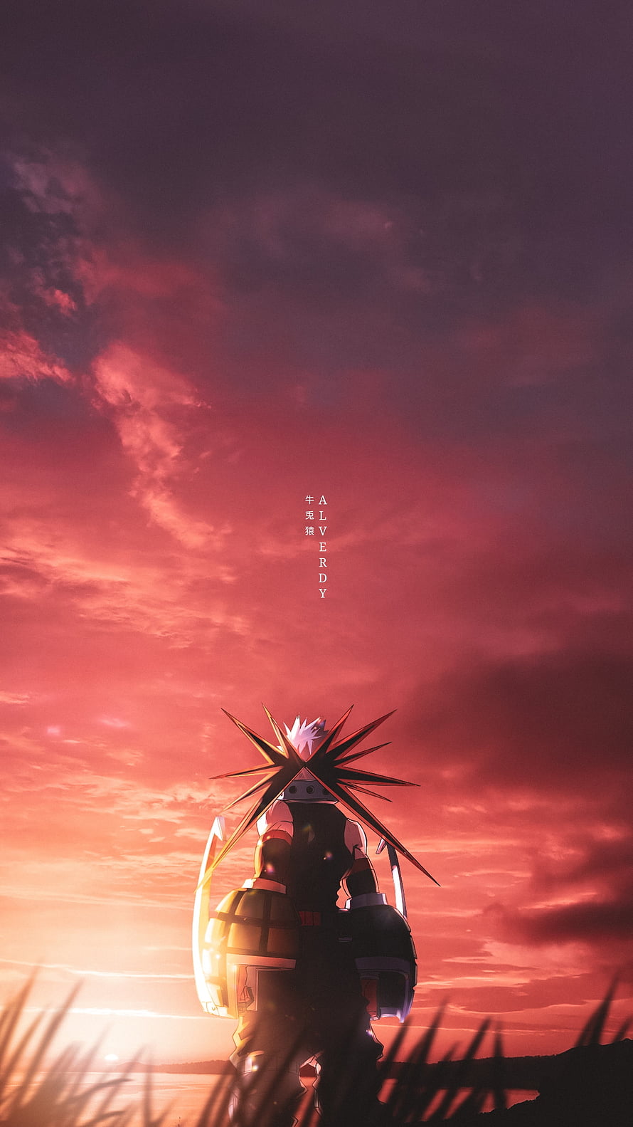 Katsuki Bakugo from My Hero Academia Silhouetted Against a Dramatic Crimson Sunset Sky HD phone wallpaper