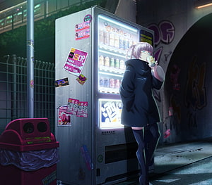 Nazuna Nanakusa drinking from a can beside a neon-lit Japanese vending machine at night HD wallpaper