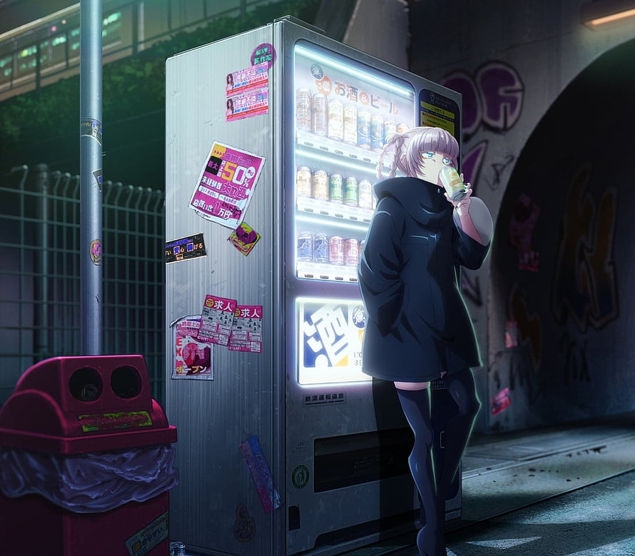 Nazuna Nanakusa drinking from a can beside a neon-lit Japanese vending machine at night HD wallpaper
