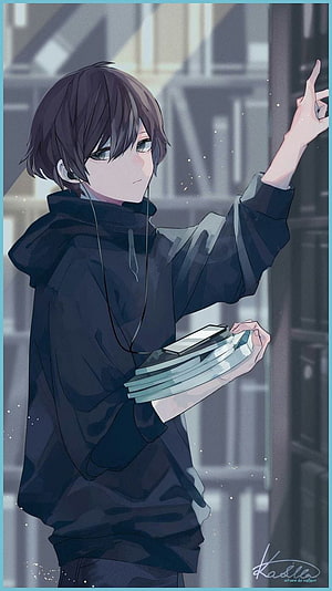 Anime Boy in Black Hoodie Holding Books and Phone in Soft Light HD phone wallpaper