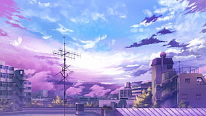 Anime Rooftop View of Japanese City Skyline Under a Vibrant Purple and Blue Sunset Sky HD wallpaper