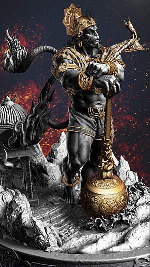Hanuman 3D Sculpture with Golden Mace and Ornate Armor, ArtStation - Hanuman 3D World Magazine cover, Gaurav Kumar. Hanuman , Hanuman pics, Lord hanuman HD phone wallpaper