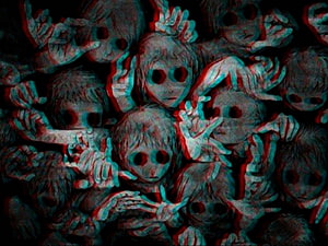 Horror Artwork Featuring a Crowd of Creepy Doll Faces with Anaglyph 3D Effect HD wallpaper