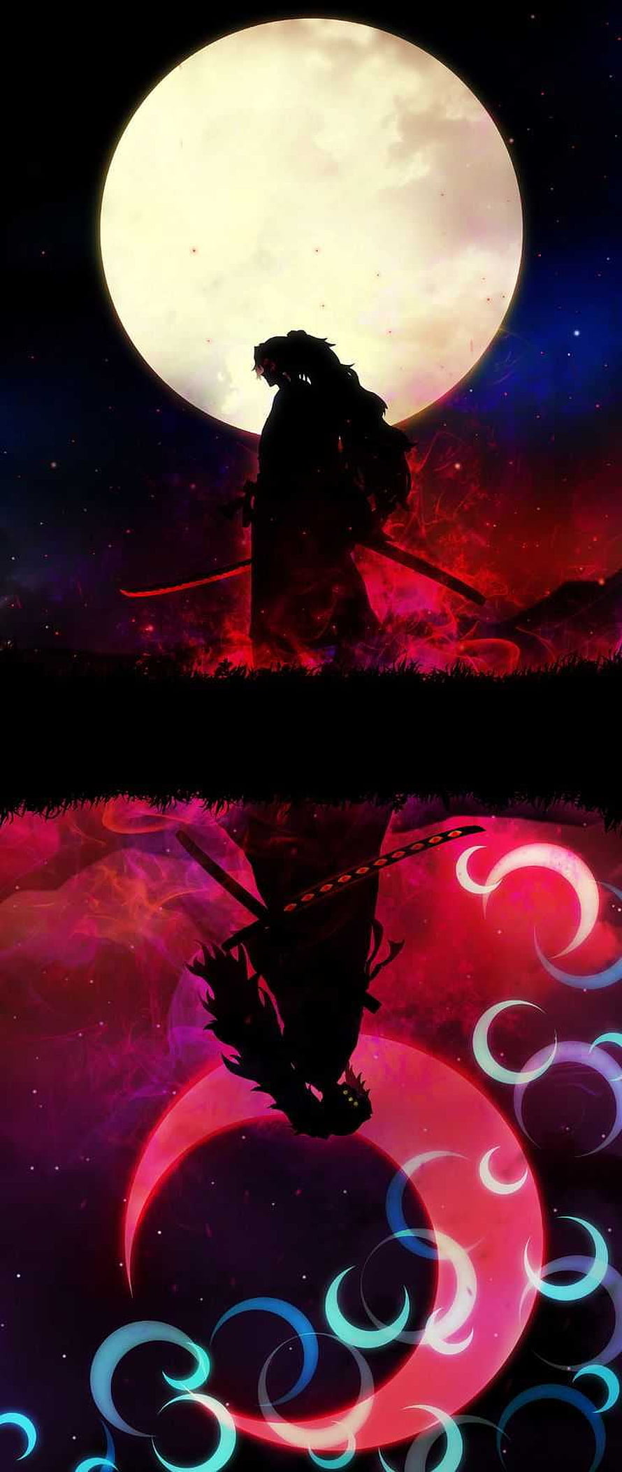 Kokushibo Demon Slayer Silhouette Under Full Moon with Crescent Motifs HD phone wallpaper