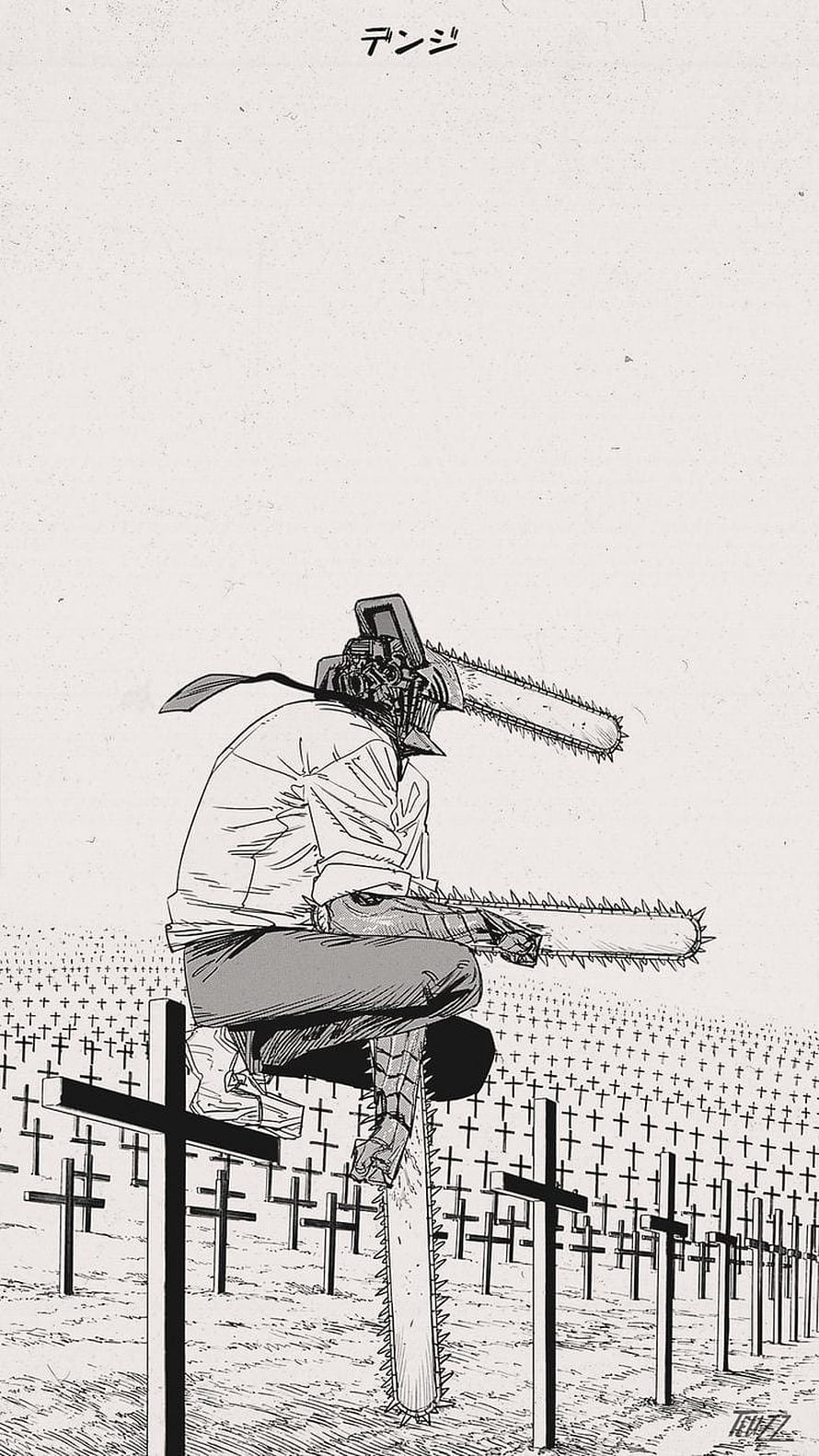 Denji from Chainsaw Man Sitting on a Cross in a Field of Graves, Chainsaw man, Aesthetic, art, painting, Chainsaw_man, manga, anime HD phone wallpaper