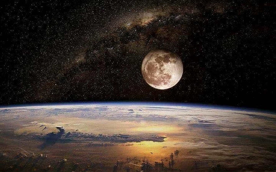 Full Moon Rising Over Earth's Horizon Against a Starry Night Sky HD wallpaper