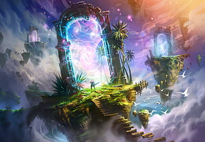 Ethereal Floating Island with Ancient Portal and Lush Jungle Vegetation HD wallpaper