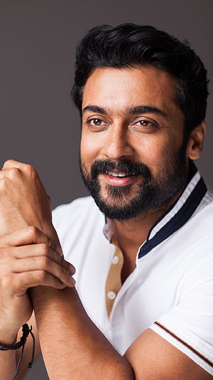 Suriya Tamil Actor Portrait in White Polo Shirt with Bearded Smile HD phone wallpaper