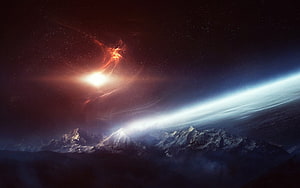 Alien Mountain Range Under a Glowing Red Nebula and Starry Sky HD wallpaper