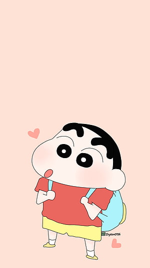 Cute Shin-chan Anime Character with Blue Backpack and Hearts on Soft Pink Background HD phone wallpaper