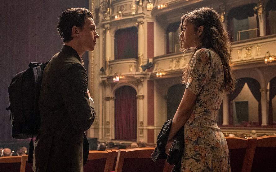 Peter Parker and MJ in an ornate theater from Spider-Man: Far From Home HD wallpaper