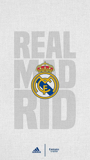 Real Madrid Club Crest with Adidas and Emirates Sponsor Logos on Textured White Background HD phone wallpaper