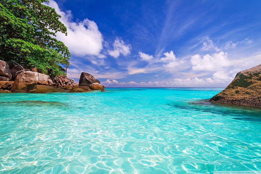 Turquoise Tropical Lagoon with Granite Boulders and Lush Green Foliage Under a Bright Blue Sky HD wallpaper