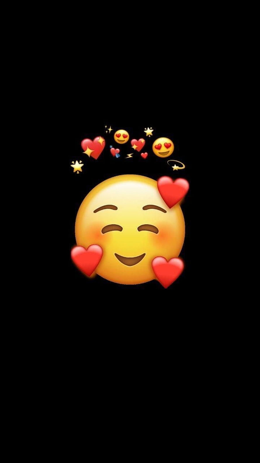 Smiling Emoji Face Surrounded by Floating Hearts and Sparkles on Black Background HD phone wallpaper